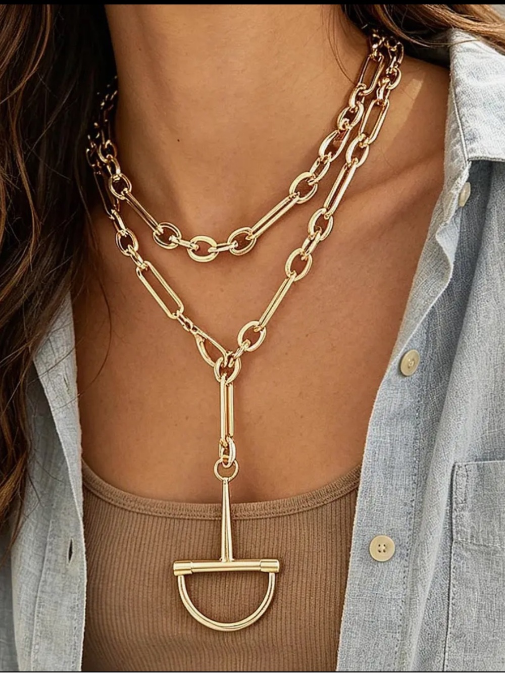 Gold Layered Link Chain Necklace with D-Ring Pendant